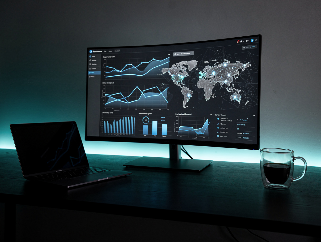 Advanced enterprise software dashboard showing data analytics and system health